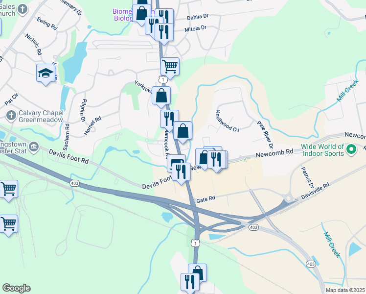 map of restaurants, bars, coffee shops, grocery stores, and more near 6946 Post Road in North Kingstown