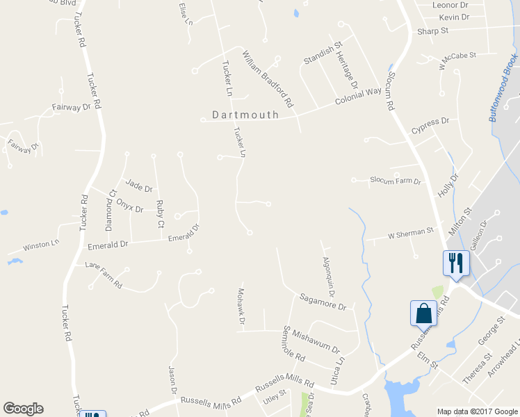 map of restaurants, bars, coffee shops, grocery stores, and more near 6 John Rolfe Drive in Dartmouth