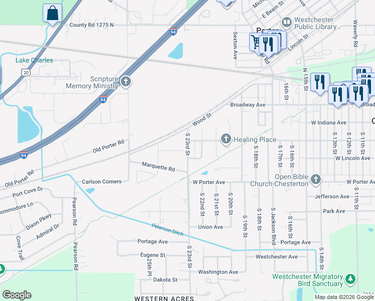 map of restaurants, bars, coffee shops, grocery stores, and more near 515 Krieger St in Porter