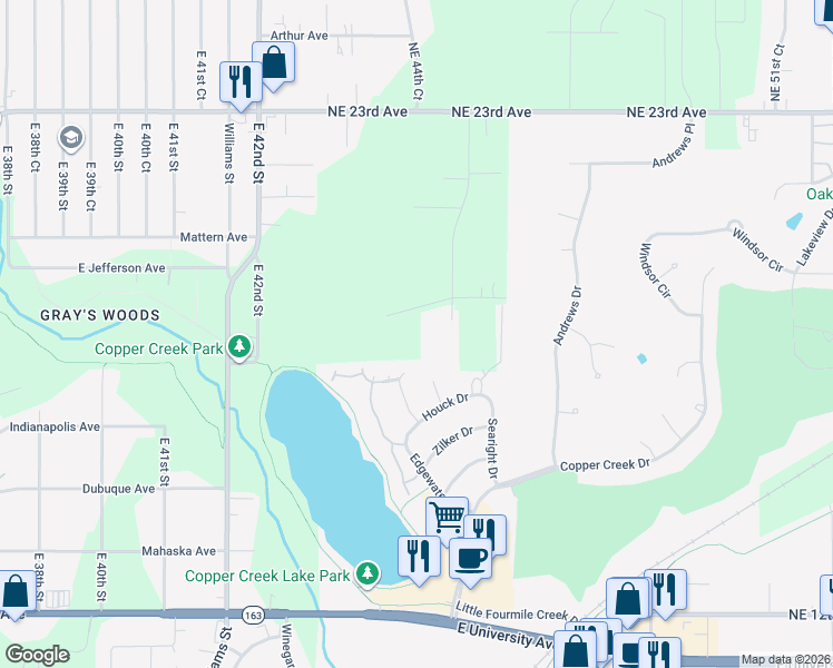 map of restaurants, bars, coffee shops, grocery stores, and more near 4405 Northeast 19th Avenue in Des Moines