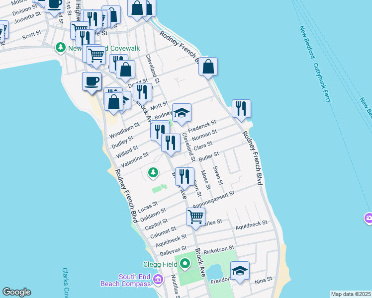 map of restaurants, bars, coffee shops, grocery stores, and more near 155-157 Clara Street in New Bedford