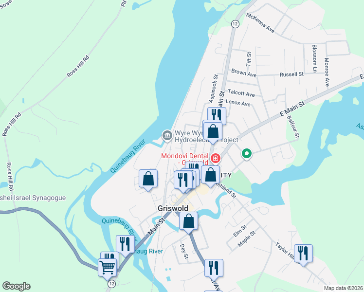 map of restaurants, bars, coffee shops, grocery stores, and more near 30 Mechanic Street in Griswold