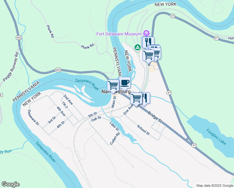 map of restaurants, bars, coffee shops, grocery stores, and more near 76 Main Street in Narrowsburg