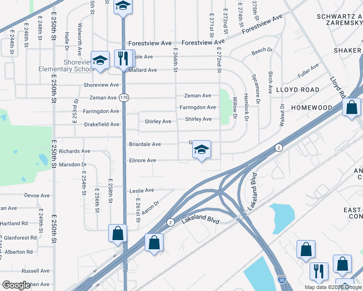 map of restaurants, bars, coffee shops, grocery stores, and more near 781 East 266th Street in Euclid