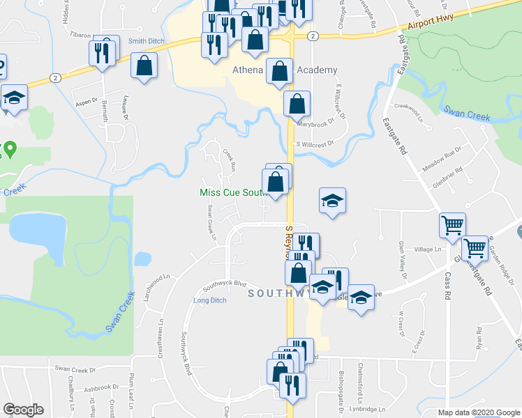 map of restaurants, bars, coffee shops, grocery stores, and more near 1728 Brownstone Boulevard in Toledo