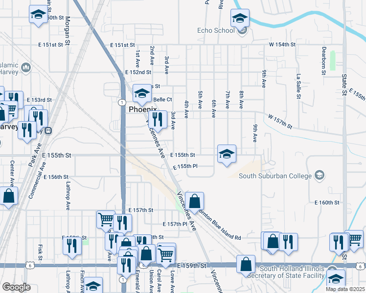 map of restaurants, bars, coffee shops, grocery stores, and more near 644 East 155th Street in Phoenix