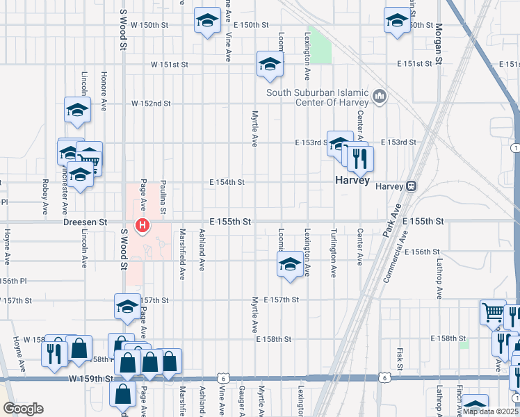 map of restaurants, bars, coffee shops, grocery stores, and more near in Harvey