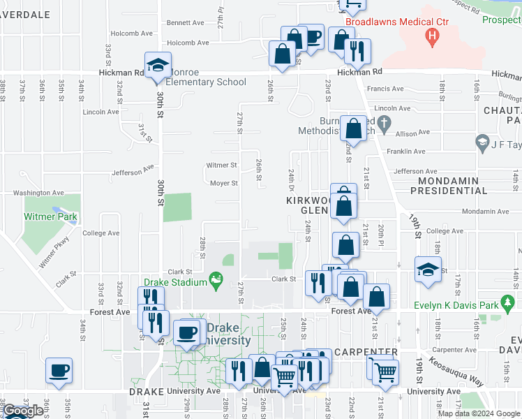 map of restaurants, bars, coffee shops, grocery stores, and more near 1611 27th Street in Des Moines