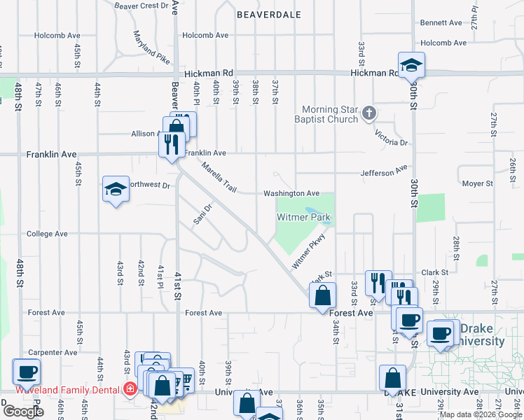 map of restaurants, bars, coffee shops, grocery stores, and more near 1624 37th Street in Des Moines