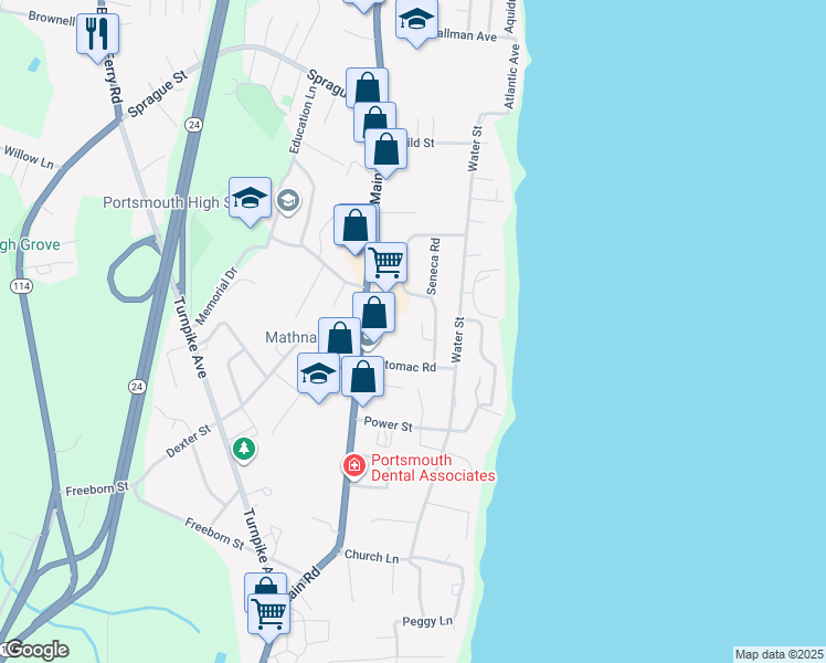 map of restaurants, bars, coffee shops, grocery stores, and more near 20 Borden Farm Road in Portsmouth