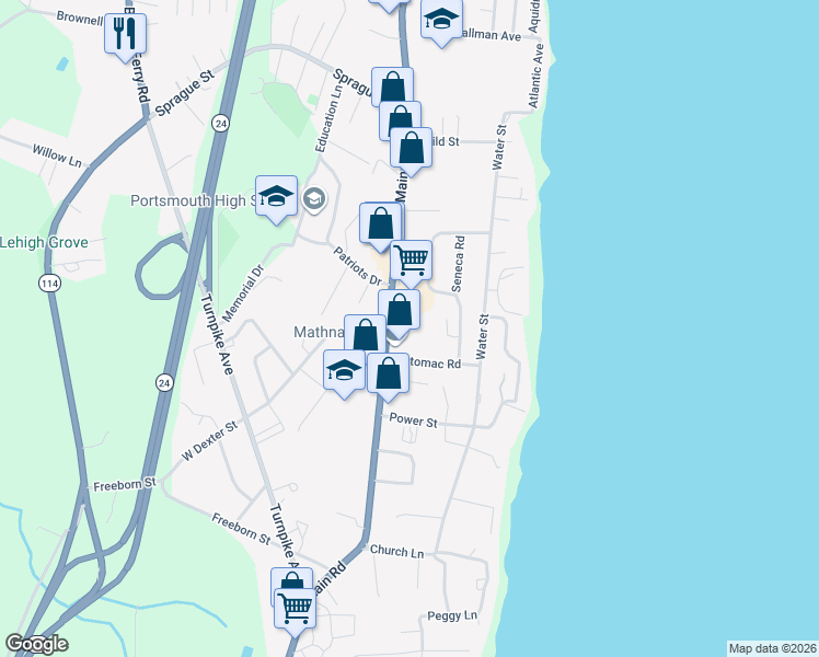 map of restaurants, bars, coffee shops, grocery stores, and more near 20 Borden Farm Road in Portsmouth