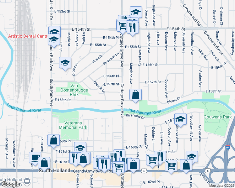 map of restaurants, bars, coffee shops, grocery stores, and more near 761 East 157th Place in South Holland