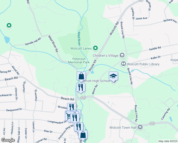 map of restaurants, bars, coffee shops, grocery stores, and more near 856 Wolcott Road in Wolcott