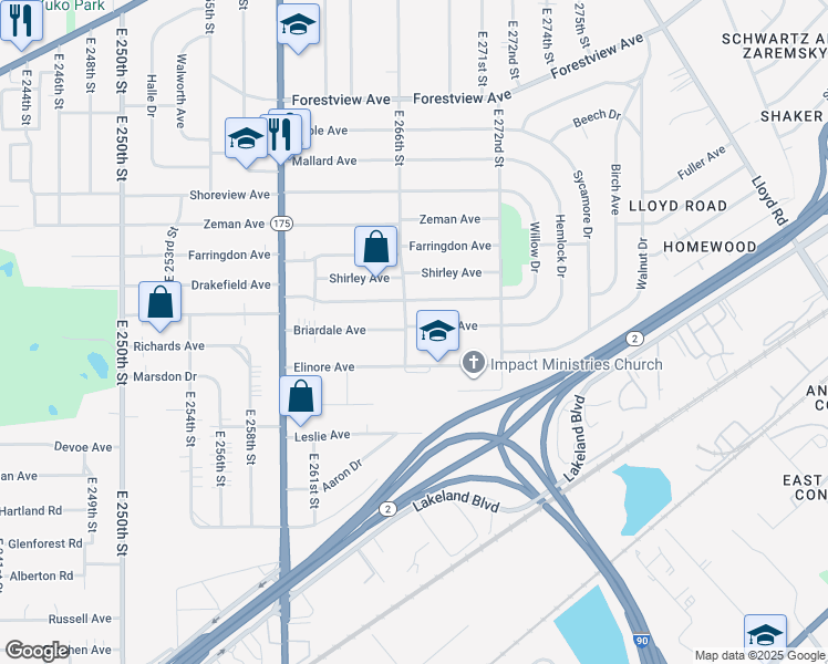 map of restaurants, bars, coffee shops, grocery stores, and more near 781 East 266th Street in Euclid