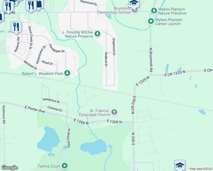 map of restaurants, bars, coffee shops, grocery stores, and more near 1214 Redbud Drive in Chesterton