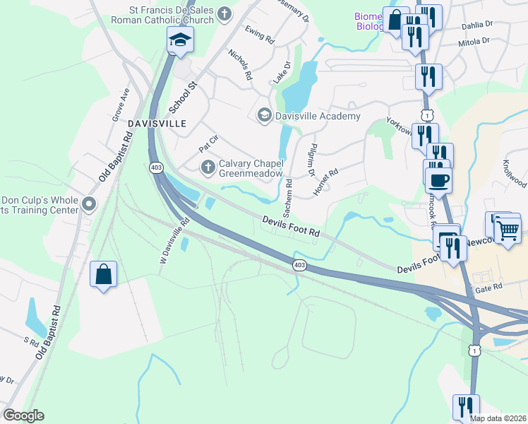 map of restaurants, bars, coffee shops, grocery stores, and more near 384 Devils Foot Road in North Kingstown