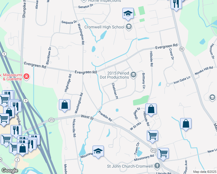 map of restaurants, bars, coffee shops, grocery stores, and more near 25 Lancaster Road in Cromwell