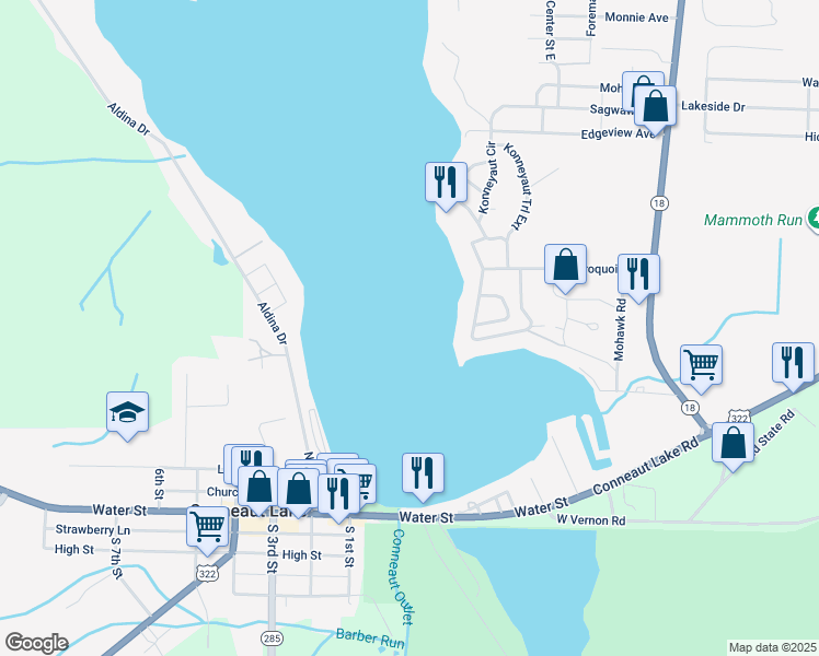 map of restaurants, bars, coffee shops, grocery stores, and more near in Conneaut Lake