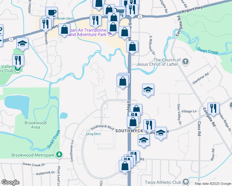 map of restaurants, bars, coffee shops, grocery stores, and more near 1666 Brownstone Boulevard in Toledo