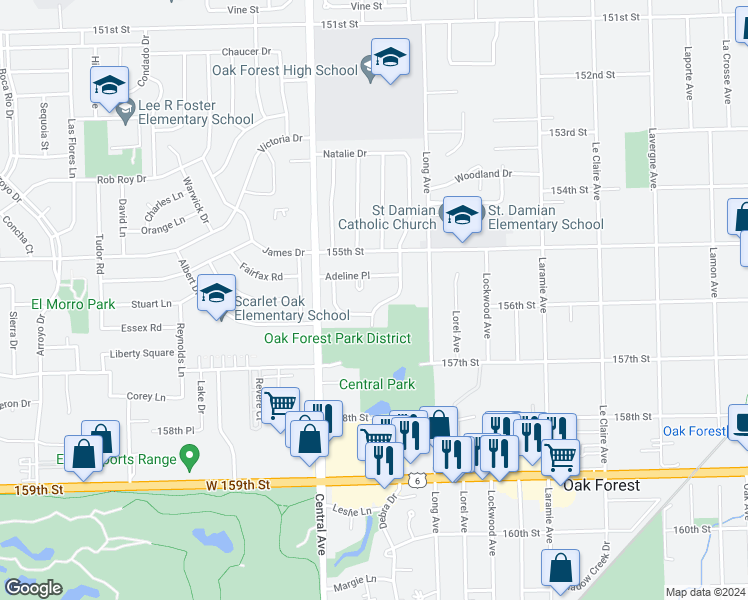 map of restaurants, bars, coffee shops, grocery stores, and more near 15586 Natalie Drive in Oak Forest