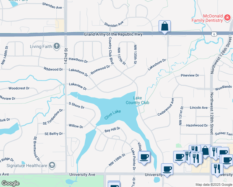 map of restaurants, bars, coffee shops, grocery stores, and more near 13732 Lakeshore Drive in Clive
