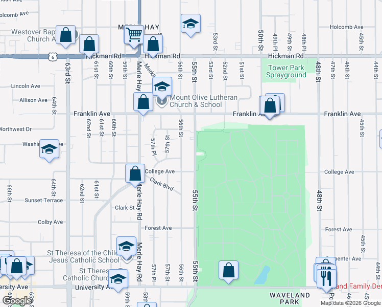 map of restaurants, bars, coffee shops, grocery stores, and more near 1618 55th Street in Des Moines
