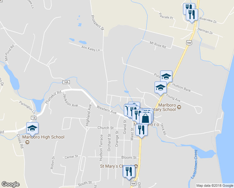 map of restaurants, bars, coffee shops, grocery stores, and more near 48 Birdsall Avenue in Marlboro