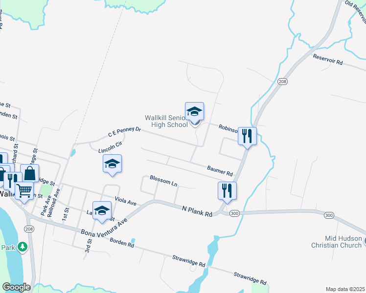 map of restaurants, bars, coffee shops, grocery stores, and more near 60 Baumer Road in Wallkill