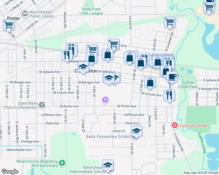 map of restaurants, bars, coffee shops, grocery stores, and more near 651 West Morgan Avenue in Chesterton