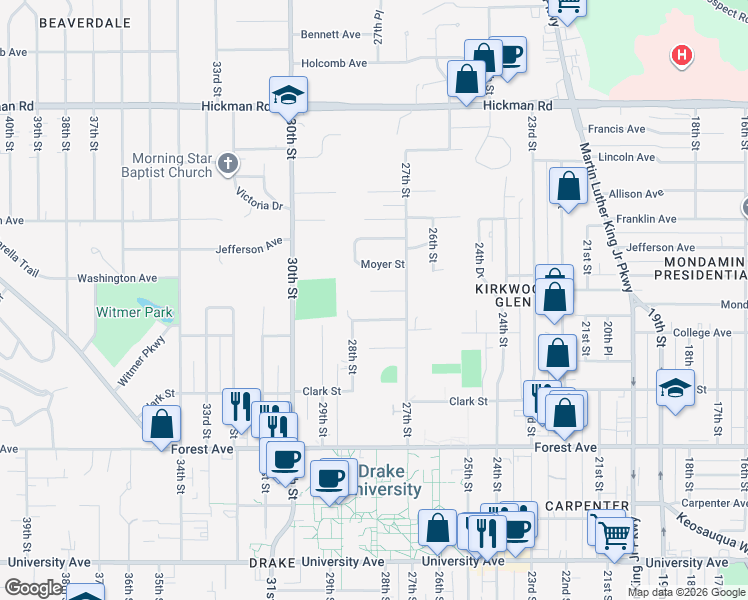 map of restaurants, bars, coffee shops, grocery stores, and more near 2737 College Avenue in Des Moines