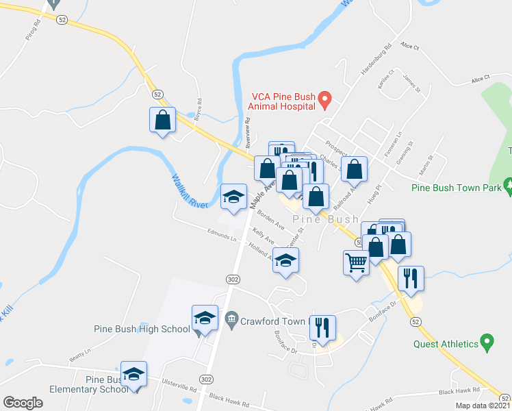 map of restaurants, bars, coffee shops, grocery stores, and more near 96 Maple Avenue in Pine Bush
