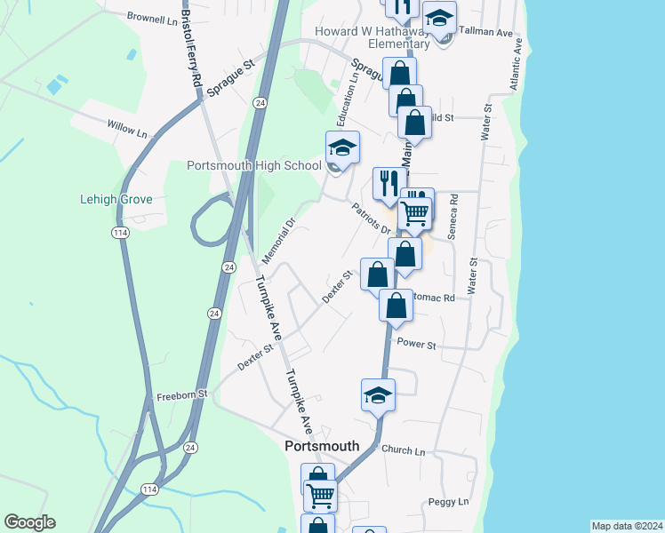 map of restaurants, bars, coffee shops, grocery stores, and more near 105 Dexter Street in Portsmouth