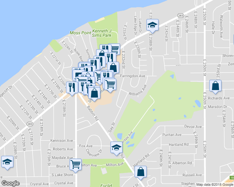 map of restaurants, bars, coffee shops, grocery stores, and more near 23215 Gay Street in Euclid