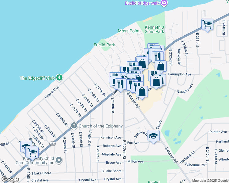 map of restaurants, bars, coffee shops, grocery stores, and more near 21930 Lakeshore Boulevard in Euclid