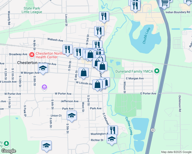 map of restaurants, bars, coffee shops, grocery stores, and more near 101-199 West Morgan Avenue in Chesterton