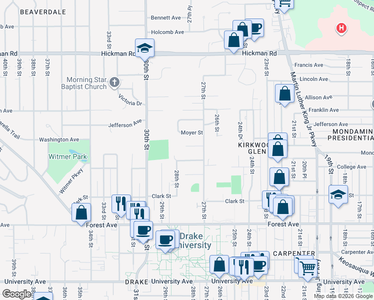map of restaurants, bars, coffee shops, grocery stores, and more near 2737 College Avenue in Des Moines