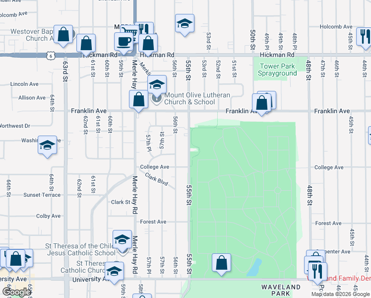 map of restaurants, bars, coffee shops, grocery stores, and more near 1618 55th Street in Des Moines