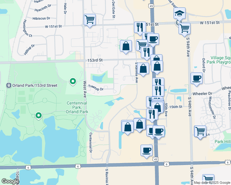 map of restaurants, bars, coffee shops, grocery stores, and more near 9813 Treetop Drive in Orland Park