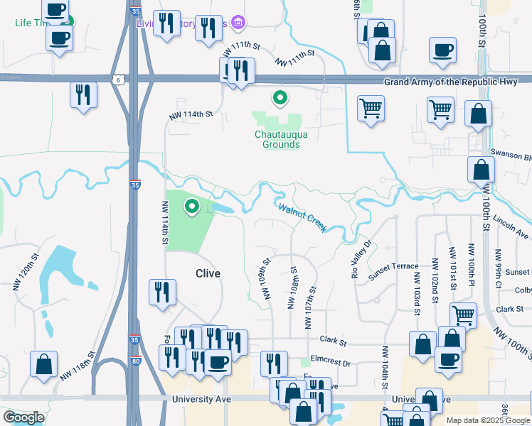 map of restaurants, bars, coffee shops, grocery stores, and more near 10963 Lincoln Avenue in Clive