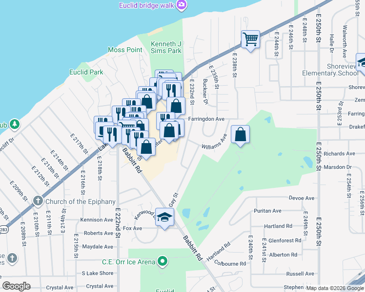 map of restaurants, bars, coffee shops, grocery stores, and more near 23215 Gay Street in Euclid