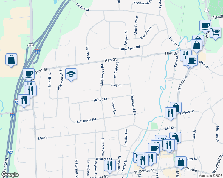 map of restaurants, bars, coffee shops, grocery stores, and more near 93 Hilltop Drive in Southington