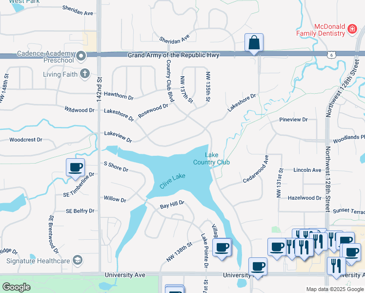 map of restaurants, bars, coffee shops, grocery stores, and more near 13732 Lakeshore Drive in Clive