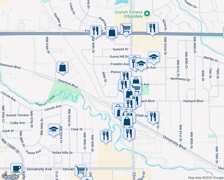 map of restaurants, bars, coffee shops, grocery stores, and more near 1841 89th Court Northwest in Clive