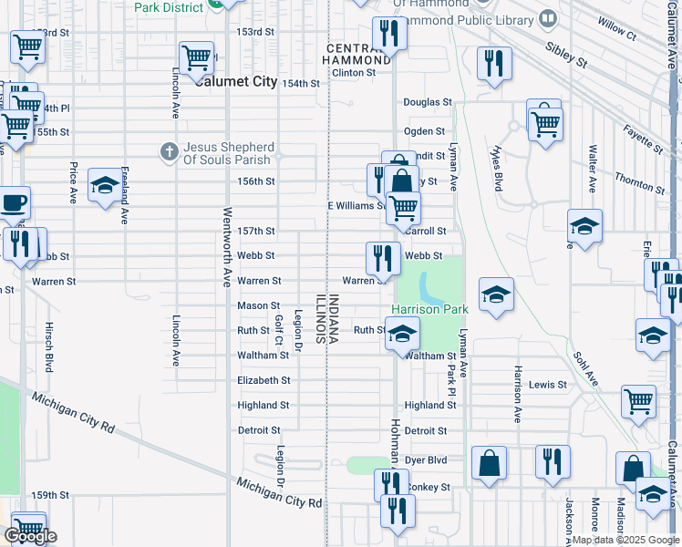 map of restaurants, bars, coffee shops, grocery stores, and more near 4 Warren Street in Hammond