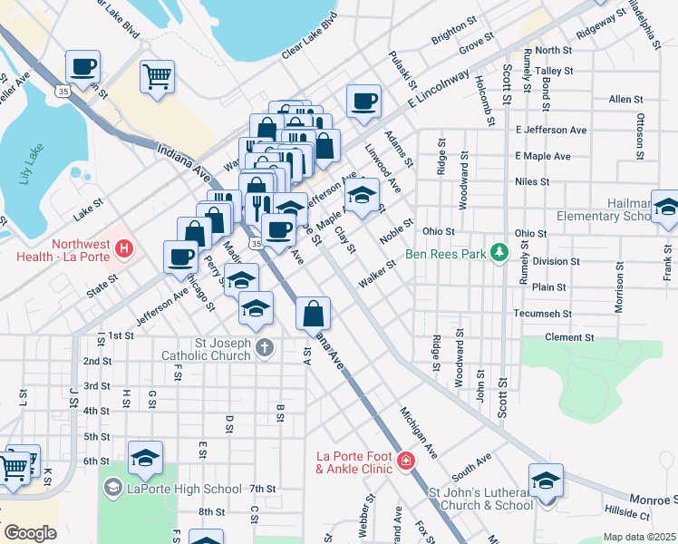 map of restaurants, bars, coffee shops, grocery stores, and more near 1100 East Street Highway in La Porte