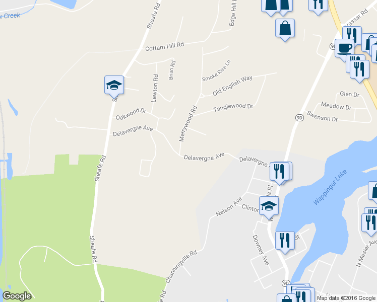 map of restaurants, bars, coffee shops, grocery stores, and more near 81 Delavergne Avenue in Wappingers Falls