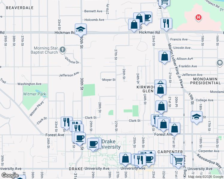 map of restaurants, bars, coffee shops, grocery stores, and more near 2705 College Avenue in Des Moines