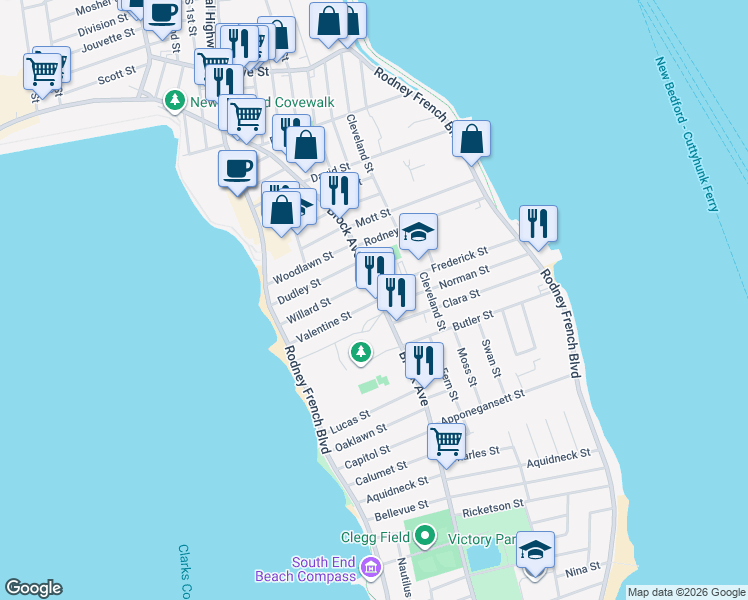 map of restaurants, bars, coffee shops, grocery stores, and more near 629 Brock Avenue in New Bedford