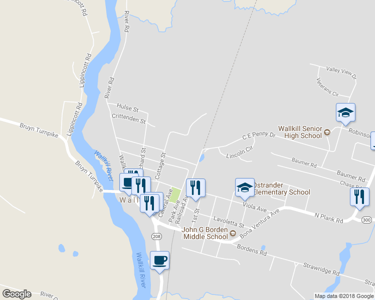 map of restaurants, bars, coffee shops, grocery stores, and more near 63 Railroad Avenue in Wallkill