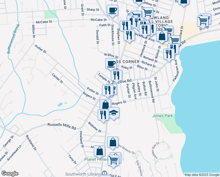 map of restaurants, bars, coffee shops, grocery stores, and more near 12 Russells Mills Road in Dartmouth